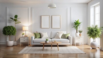 Fototapeta premium Elegant White Living Room Design with Framed Poster and Ample Copy Space for Interior Inspiration