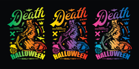 Fototapeta premium Death on a Scooter. Halloween Poster. Original vector illustration in vintage style. T-shirt design.