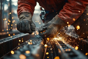 close-up of a construction worker tightening bolts on a steel frame with a wrench, sparks flying from the metal,