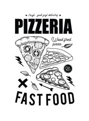 Three slices of pizza with mushrooms, cheese, salami, tomatoes, herbs and olives. Original vector illustration in vintage style.