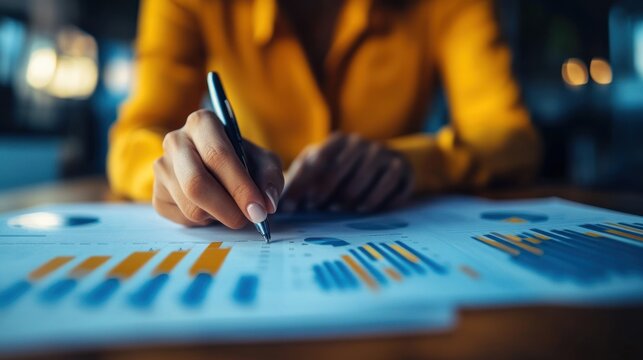 A person analyzing data charts and graphs while taking notes with a pen.