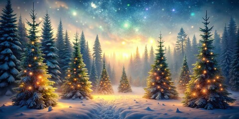 Enchanted Christmas Forest with Glowing Lights and Evergreen Trees in a Mystical Atmosphere