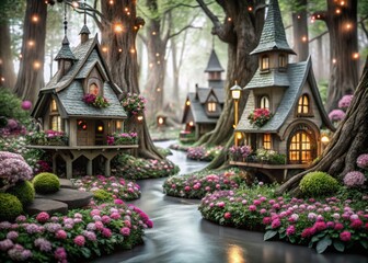 Fototapeta premium Enchanted Elf Village Background with Lush Forest and Mystical Elements