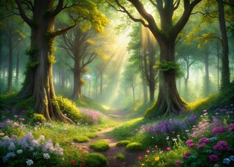 Obraz premium Enchanted Fantasy Woods Background with Lush Foliage and Mystical Light Effects for Dreamy Landscapes