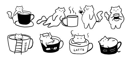 Cat x Coffee Set Illustration | Cute Minimalist Doodle Vector for Coffee and Pet-Themed Designs