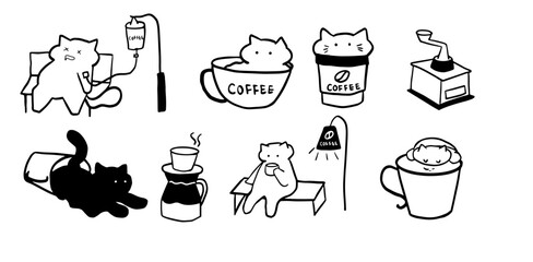 Cat x Coffee Set Illustration | Cute Minimalist Doodle Vector for Coffee and Pet-Themed Designs
