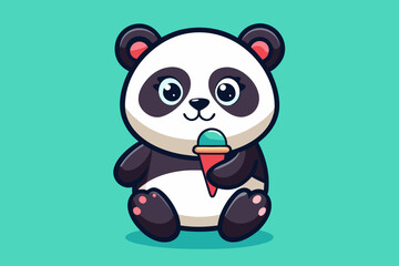  Cute panda eating ice cream vector art illustration