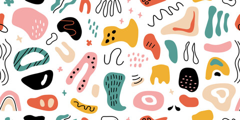 Abstract shape seamless pattern, modern doodle background, cartoon contemporary print. Decoration blob, cute scribble, organic bg. Graphic sketch texture hand drawn. Creative vector illustration