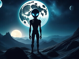 Alien Silhouetted Against a Moon in Sky