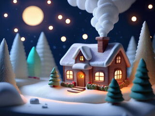 Cottage in Snow at Night Made of Clay