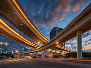 Low angle shot of highway overpass against twilight sky, urban minimalism, architectural perspective