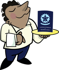 Garçom brasileiro segurando uma bandeja com a sua carteira de trabalho e previdência social em cima. Trabalho registrado - CLT
