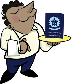 Gar&ccedil;om brasileiro segurando uma bandeja com a sua carteira de trabalho e previd&ecirc;ncia social em cima. Trabalho registrado - CLT