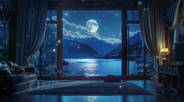 Cozy room with sofa and big window overlooking lake under full moon night landscape
Seamless looping 4k time-lapse virtual video animation Generated AI