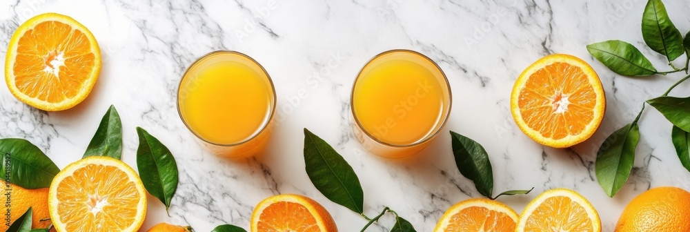 Aufkleber two glasses of refreshing orange juice sit on a marble surface, surrounded by fresh oranges and gree
