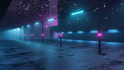 Night Street with skyscrapers of a futuristic city. Scene without people. 80s old style. Three-dimensional illustration