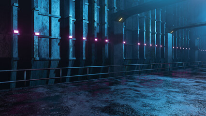 Futuristic scene with industrial surroundings. Road without people. 80s old style. Modern render. Three-dimensional illustration