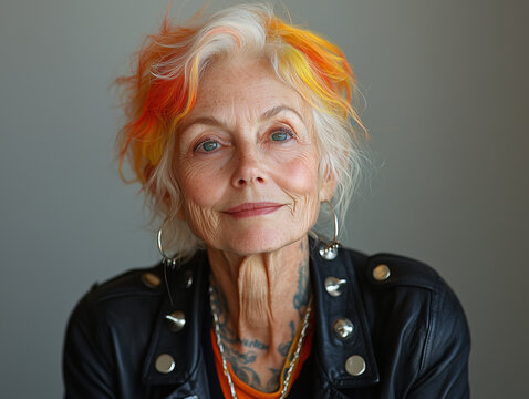 Portrait of an Elderly Woman in Punk Style with Colorful Hair