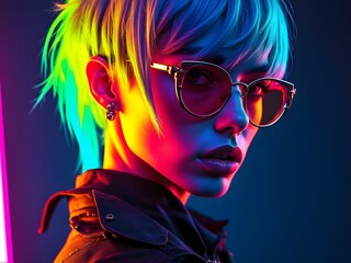 Futuristic woman with neon lighting, edgy fashion model in round sunglasses, vibrant colorful lights, cyberpunk aesthetic