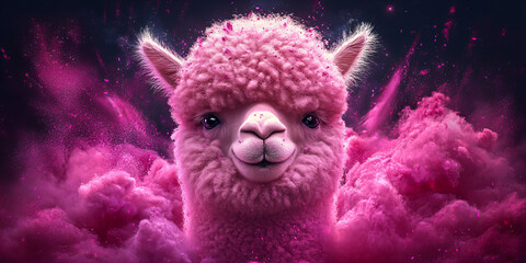 Fototapeta premium Banner of Pink Alpaca Surrounded by Vibrant Swirling Pink Clouds with Fluffy Texture on Dark Background to Create Dynamic Visual