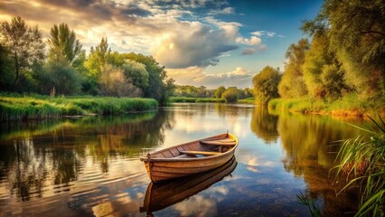 Obraz premium Scenic view of vintage rowboat on meandering river