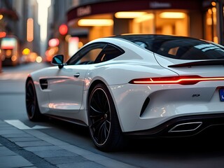 Rear view of white luxury car parked in urban cityscape with reflective polished surface at sunset