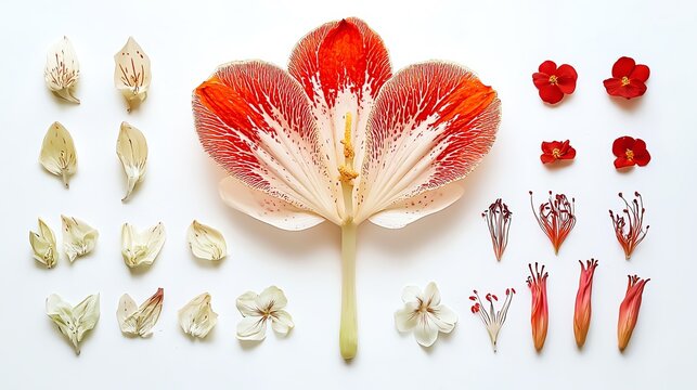 Dissected flower parts showing pistil, stamen, and petals arranged systematically on white background, botanical study