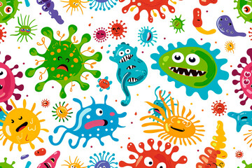 Colorful different cartoon characters set bacteria, germs or monsters. Illustration for children's books