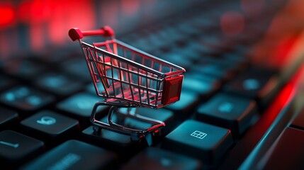 Close up of miniature shopping cart on laptop keyboard close up, black friday, promotion or online shopping theme
