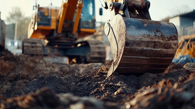 Close shot of a working excavator on a construction site or on the road digging up something, selective focus on the excavator bucket with space for text or subtitles
