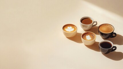 Roses cups with different coffees on an empty beige background with contrasting light and space for text or inscriptions, slightly from above
