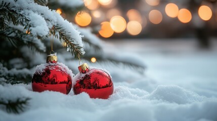 Bright red baubles nestled in the snow beneath a snowy Christmas tree illuminated by soft, glowing lights in a winter wonderland