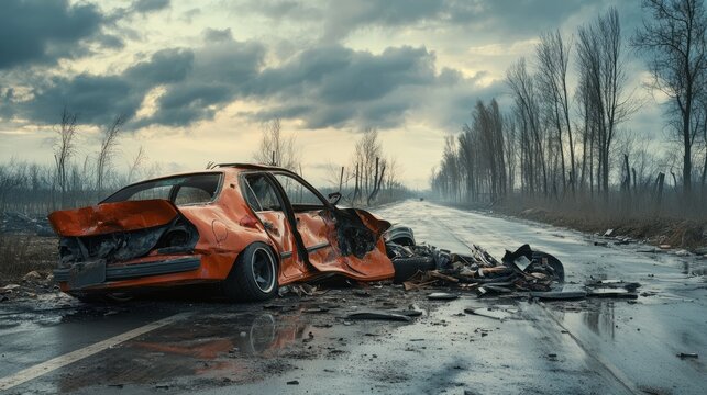 Crashed red car on the asphalt road, car after an accident on the road close up