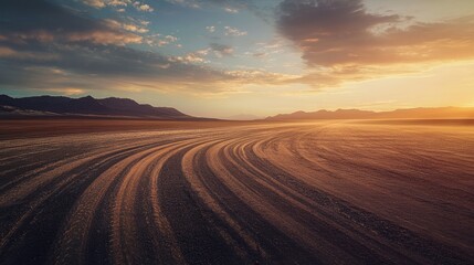 Desert race track for cars with visible wheel marks on the ground at sunset, copy space
