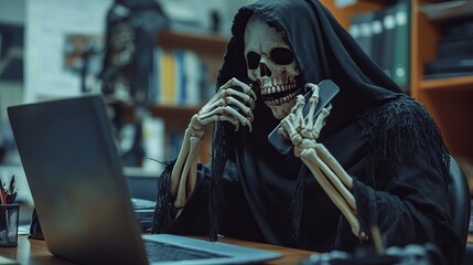 A skeleton man in a black robe sitting in front of a laptop in an office close-up at the desk with a phone in his hand
