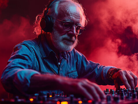 Portrait of an Elderly DJ Man Performing with Headphones in a Concert Setting