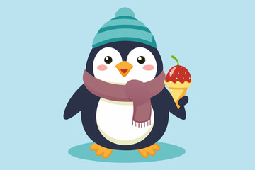  A cute penguin with a hat and scarf eats an ice cream 