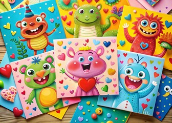 Fototapeta premium Funny Valentine's Cards for Kids - Colorful and Whimsical Designs for Classroom Fun