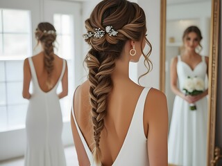 Elegant bride with beautiful braided hairstyle wearing white dress standing near mirror in bright room. Wedding hairstyle