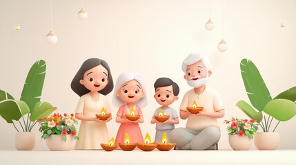 Happy family celebrating diwali with traditional diya lamps surrounded by lush plants