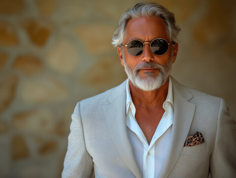 Portrait of a Stylish Elderly Man Wearing Sunglasses and a Light Suit