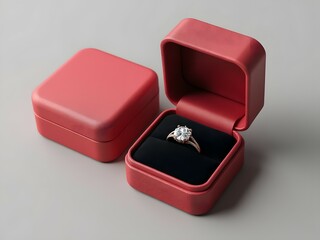 Luxury diamond engagement ring in a red open box with black interior, perfect for jewelry branding or jewelry displays