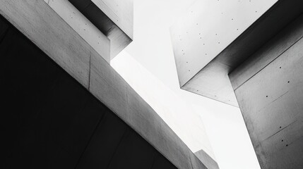 Obraz premium A dramatic view of intersecting concrete structures against a bright sky.