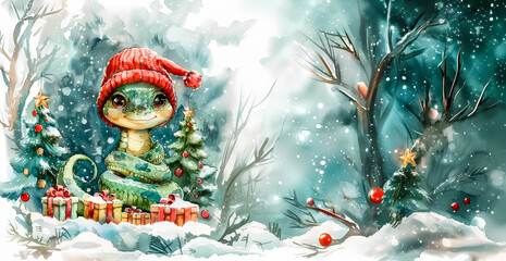 A charming greeting card features a playful snake wearing a red hat, nestled among holiday gifts and a decorated Christmas tree, celebrating the spirit of New Year