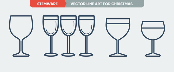 Stemware and Cup Outline Icon Set - Minimal Thin Line Web Vector Illustration Ideal for Christmas and New Year
