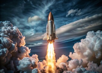 Fototapeta premium Golden Rocket Soaring Upward in Drone Photography Symbolizing Success and Ambition