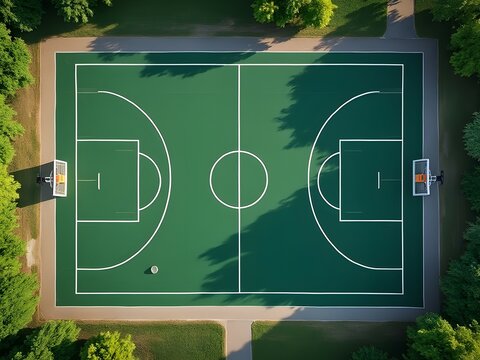 Aerial drone view of empty basketball court with green grass and white lines, outdoor sports
