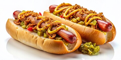 Gourmet French Hot Dog Delights on White Background &ndash; Perfect for Food Photography and Culinary Inspiration