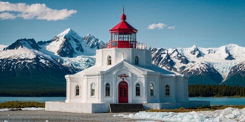 Close-up view of a lighthouse atop a mountain in Alaska