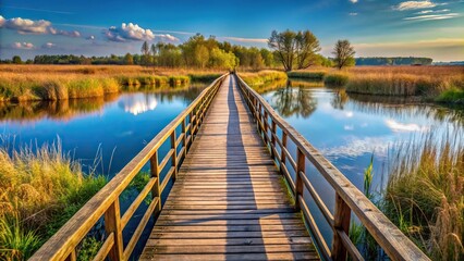 Scenic view of wooden bridge over marsh in Cybina River valley, Poznan